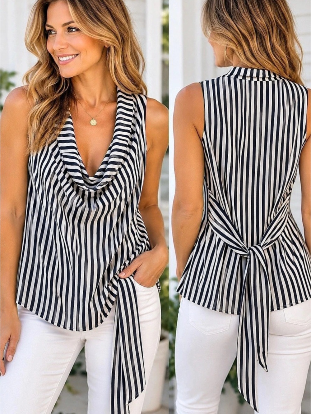 Ann Taylor Striped Draped Neck Blouse in Blue & White Size 16 Like New